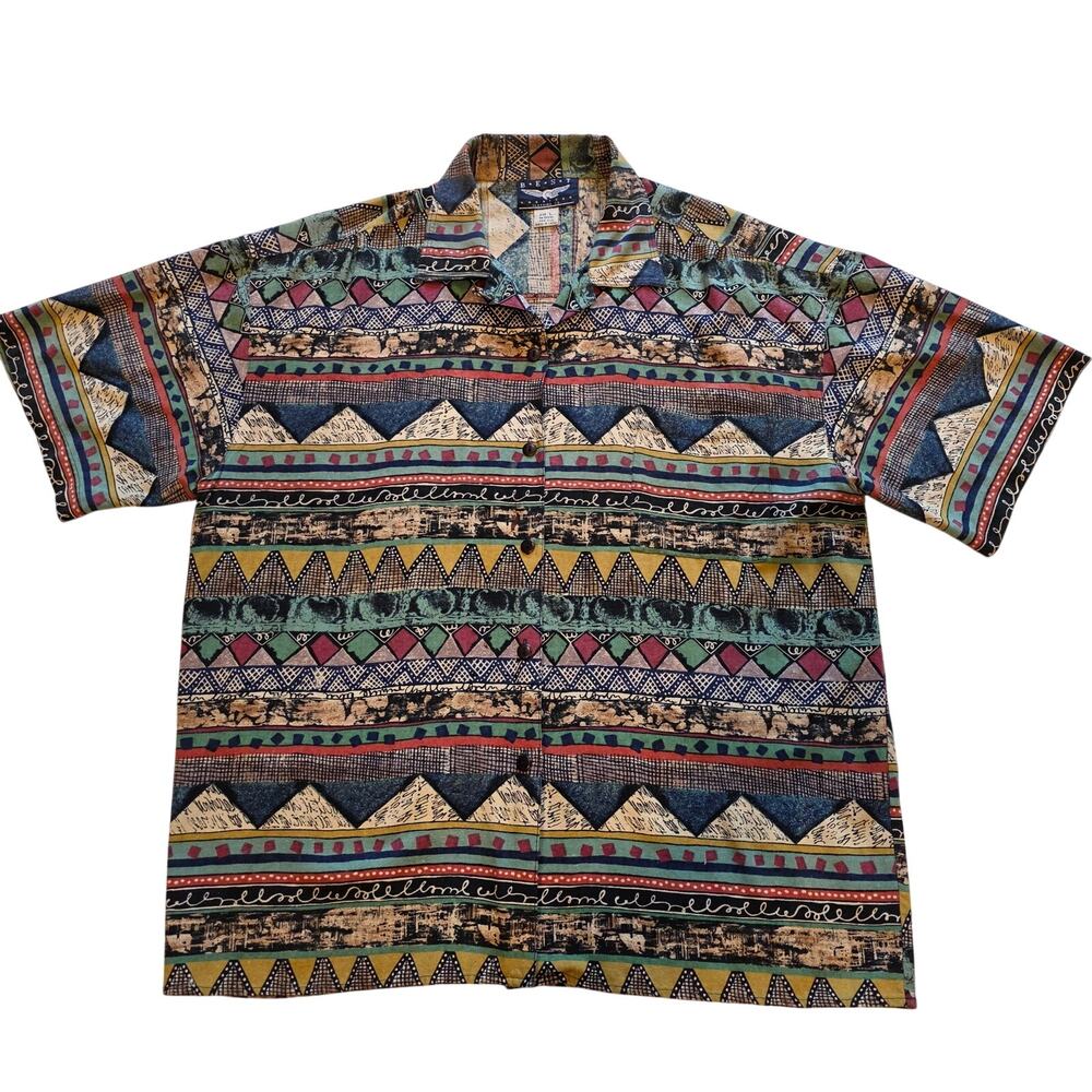Vintage Best American Clothing Co 100% Silk Shirt Large Geometric Aztec 90s